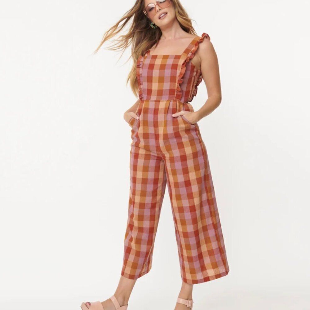 ModCloth Princess Highway Linen Prairie Jumpsuit S Orange Check Boho Ruffle